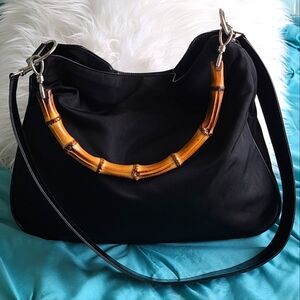 Gucci Authentic Black Nylon Bamboo Handle Crossbody Shoulder Bag like new